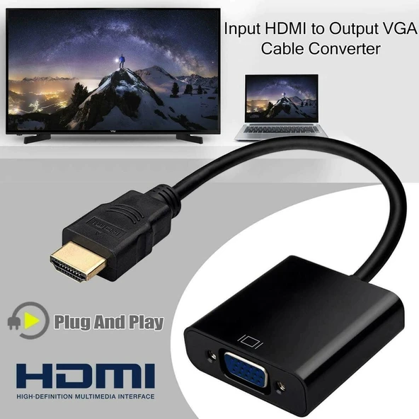 Hdmi To Vga Kablo Tablet Projeksiyon Notebook Uyumlu Siyah - Resim 6