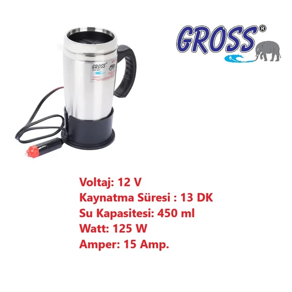 Gross Termoslu Krom Araç İçi Su Isıtıcı 12 V-450 Ml - 2