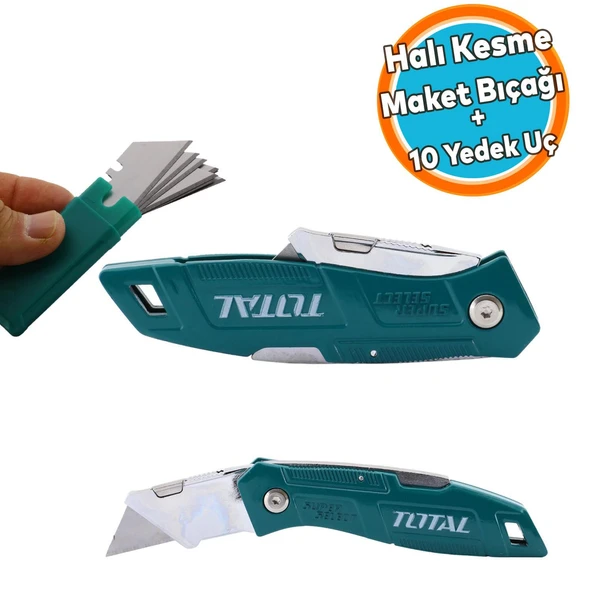 Maket Bıçağı Falçata Halı Kesme Çok Amaçlı Katlanabilir 10 Adet Yedek Bıçaklar Alçıpan Kesim