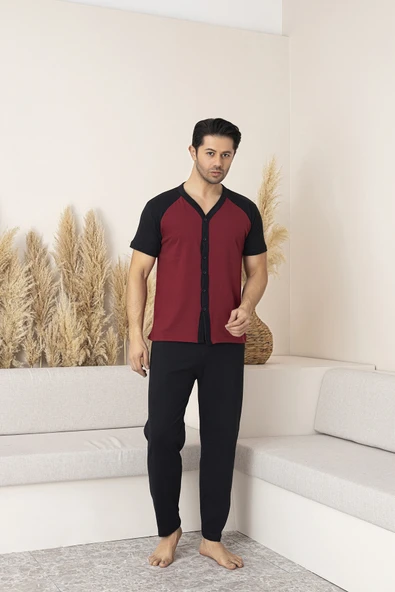 Erkek Kısa Kol Üst Bordo-Siyah Alt Siyah Gömlek Pijama Takımı - 2