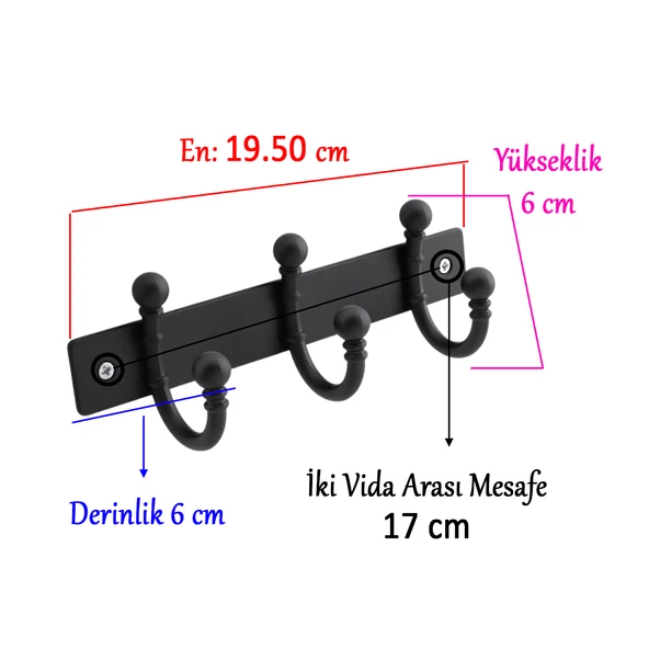 Metal Siyah 3'lü Birleşik Portmanto Vestiyer Duvar Monteli Dolap Askılığı Vidalı Elbise Asma 1 Adet - Resim 2
