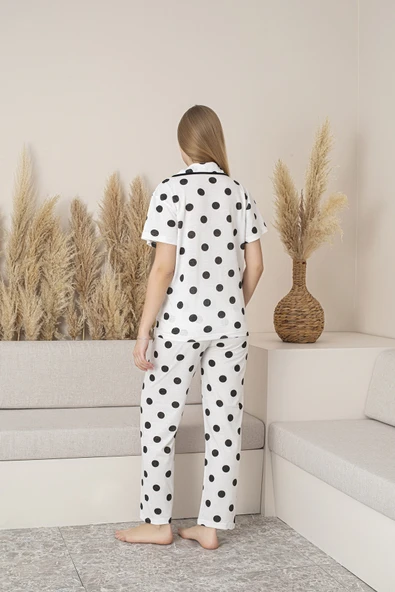 Kadın Kısa Kol Siyah Puanlı Gömlek Pijama Takımı - 3