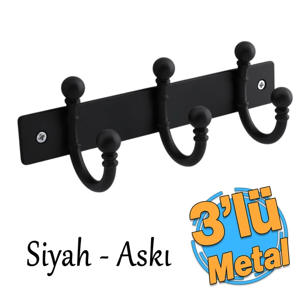 Metal Siyah 3'lü Birleşik Portmanto Vestiyer Duvar Monteli Dolap Askılığı Vidalı Elbise Asma 1 Adet