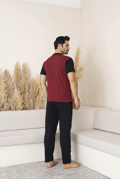 Erkek Kısa Kol Üst Bordo-Siyah Alt Siyah Gömlek Pijama Takımı - 3
