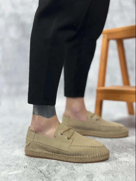 Pabucmarketi Bağcık Detaylı Doğal Deri Tozu Kauçuk El Yapımı Espadril Erkek Ayakkabı BEJ