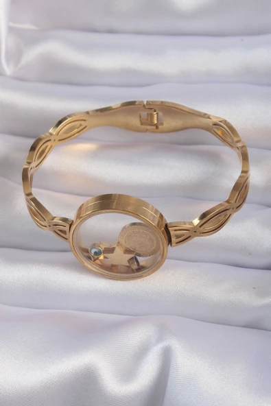 316L Çelik Altın Renk İçi Nazar Boncuk ve Yıldız Figürlü Açılabilir Fanus Kelepçe - TJ-BB6156 - 3