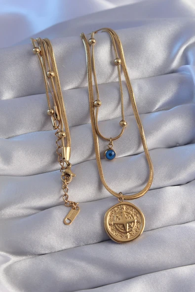316L Çelik Zincir Gold Renk Nazar Boncuklu İtalyan Zincirli 2li Pusula Kolye - TJ-BKO8834 - 2