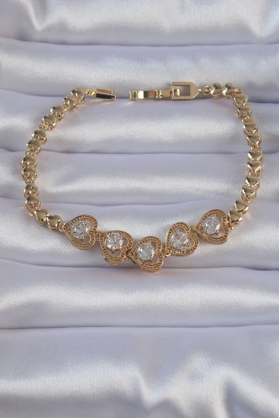 Pirinç Gold Renk İçi Zirkon Taşlı Kalp Figürlü Bileklik - TJ-BB6140 ürün görseli 1
