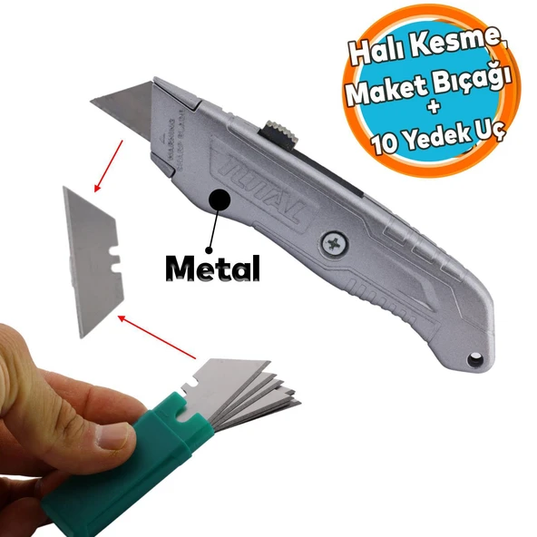 Maket Bıçak Halı Bıçağı Çok Amaçlı Metal Maket Bıçağı Küçük Değiştirilebilir 10 Adet Yedek Bıçak