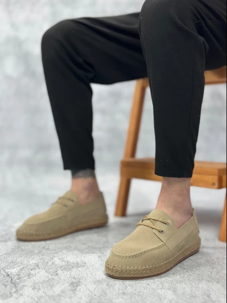 Pabucmarketi Bağcık Detaylı Doğal Deri Tozu Kauçuk El Yapımı Espadril Erkek Ayakkabı BEJ - 4