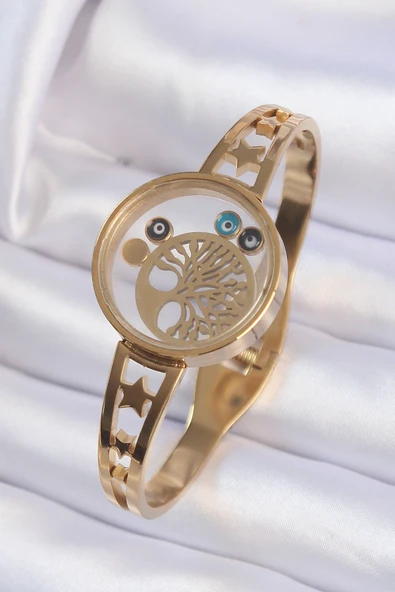 316L Çelik Altın Renk İçi Yaşam Ağacı ve Nazar Boncuk Figürlü Açılabilir Fanus Kelepçe - TJ-BB6158 - 4