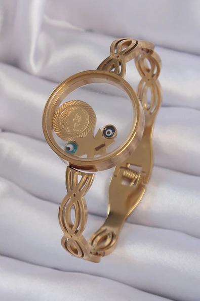 316L Çelik Altın Renk İçi Nazar Boncuk ve Yıldız Figürlü Açılabilir Fanus Kelepçe - TJ-BB6156 - 4