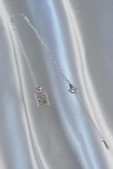 316L Çelik Zincir Gümüş Renk Renkli Zirkon Taşlı Vintage Kolye - TJ-BKO8910 - Resim 3