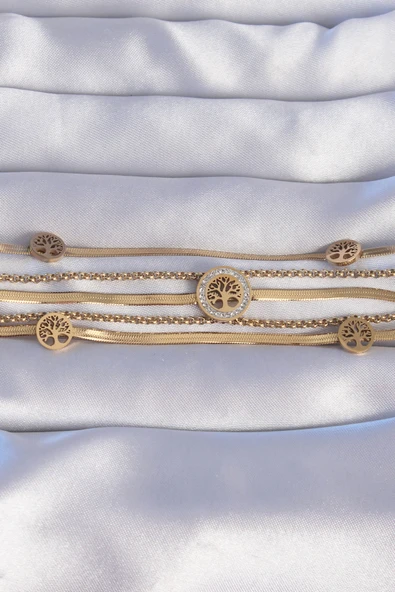 316L Çelik Gold Renk İtalyan Zincir Detaylı Zirkon Taşlı Yaşam Ağacı Tasarımlı Çoklu Bileklik - TJ-BB6205 - 2