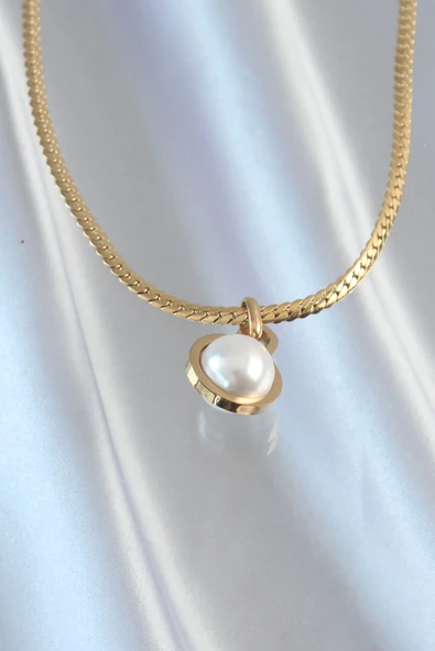 316L Çelik Gold Renk Yassı Zincir İnci Taşlı Kolye - TJ-BKO8903 - 2