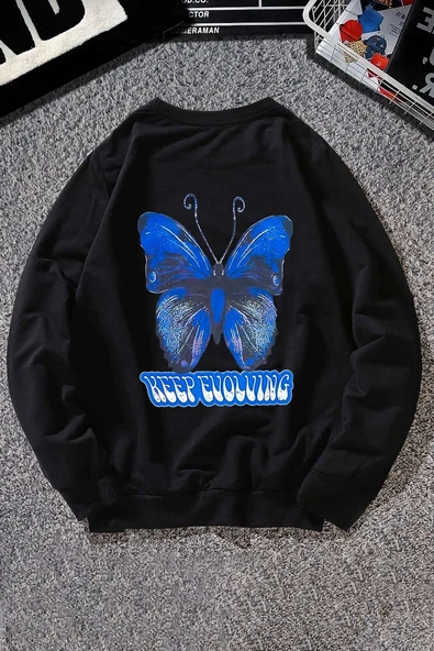 Unisex Butterfly Baskılı Bisiklet Yaka Sweatshirt ürün görseli 1
