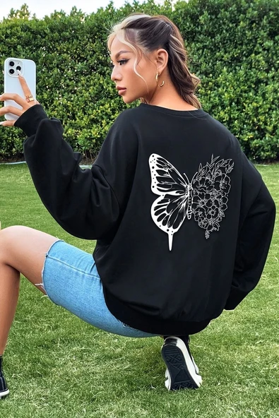 Unisex Drawing Butterflies Baskılı Bisiklet Yaka Sweatshirt