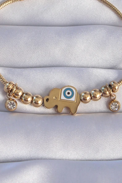 316L Çelik Gold Renk Zirkon Taşlı Nazarlı Fil Tasarımlı Bileklik - TJ-BB6202 - 2