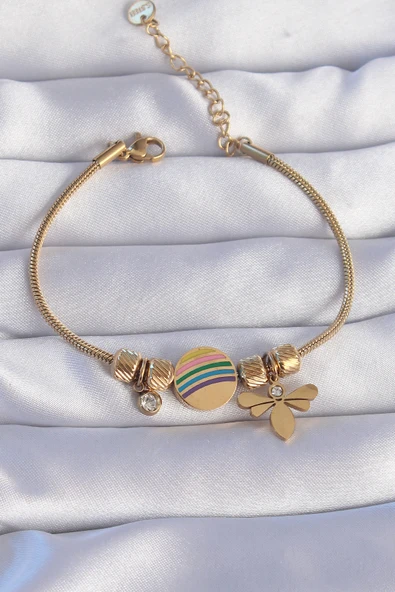 316L Çelik Gold Renk Zirkon Taşlı Gökkuşağı Tasarımlı Yusufçuk Bileklik - TJ-BB6204 ürün görseli 1