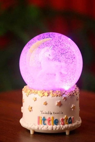 Little Star Yarım Ay Unicorn Renk Değiştiren Işıklı Müzikli Kar Taneli Orta Boy Kar Küresi - 5