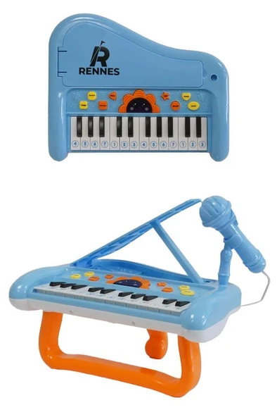 Rennes NP-250BL 24 Tuşlu Akustik Görünümlü Oyuncak Çocuk Piyanosu Mikrofonlu Stantlı Mavi - 2