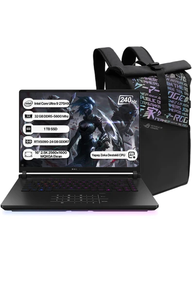 Asus Rog Strix Scar 16 G635LX-RW144 Intel Core Ultra 9 275HX NPU 13 TOPS 32GB 1TB SSD RTX5090-24GB Freedos 16" 2.5K 240Hz WQXGA Taşınabilir Bilgisayar