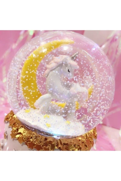 Little Star Yarım Ay Unicorn Renk Değiştiren Işıklı Müzikli Kar Taneli Orta Boy Kar Küresi - 4