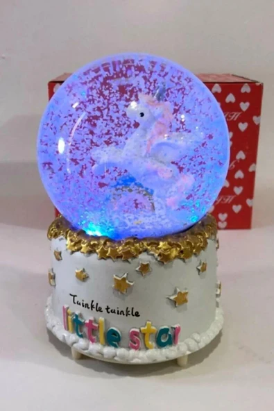 Little Star Gökkuşağı Unicorn Renk Değiştiren Işıklı Müzikli Kar Taneli Orta Boy Kar Küresi - 5