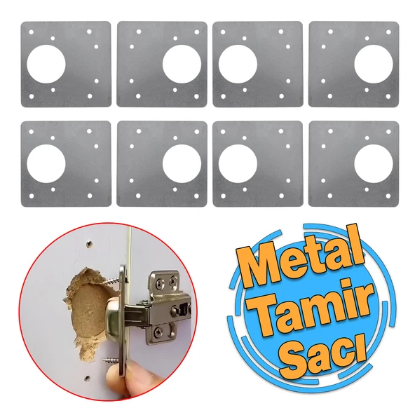 Dolap Kapak Taş Menteşe Tamir Sacı Nobel Pratik Onarım Kiti Yuva Saçı Tablası 8x8.5 cm 8 Adet