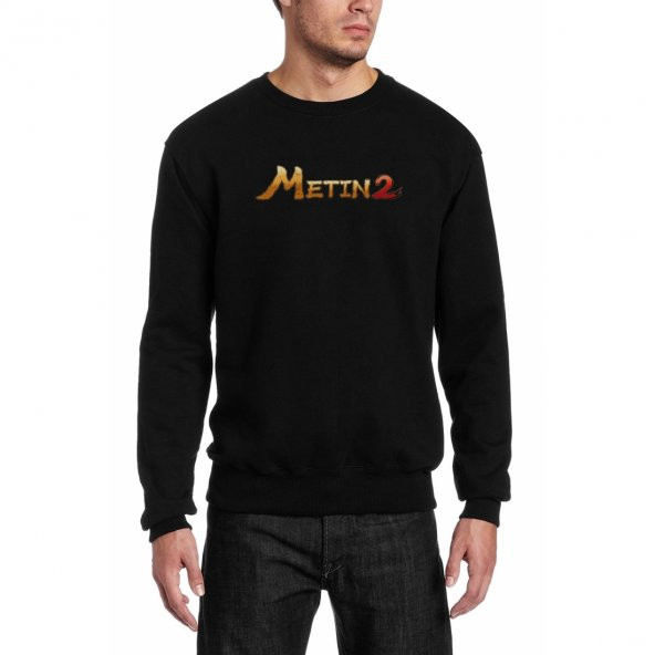 Metin2 Logo Baskılı Siyah Erkek Örme Sweatshirt Uzun kol