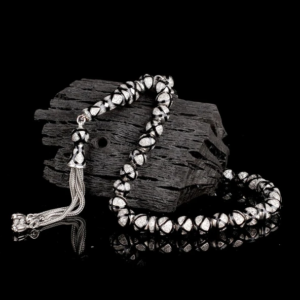 ZİRKON TAŞLI SİYAH MİNELİ 925 AYAR GÜMÜŞ TESBİH - Resim 2