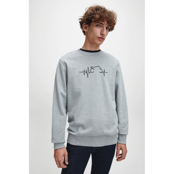 Ritim Motor Siyah Baskılı Gri Melanj Erkek Örme Sweatshirt Uzun kol