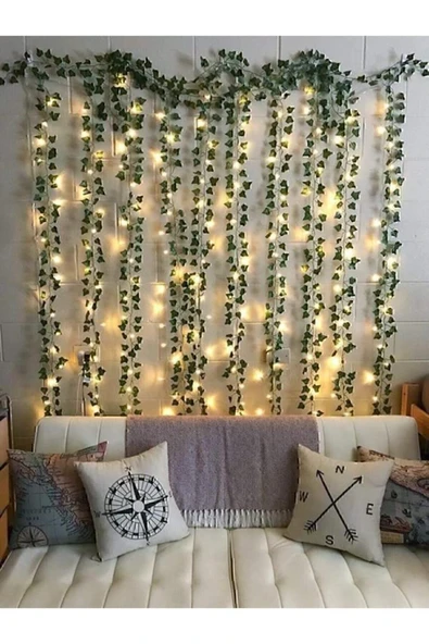 Dekoratif Yeşil Yapraklı Yapay Sarmaşık Ve 3 Metre Peri Led Gün Işığı