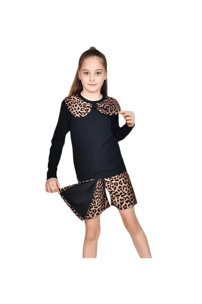 Fiyonk Yakalı Triko Leopar Şort Etekli 2 Li Takım 2/5 Yaş
