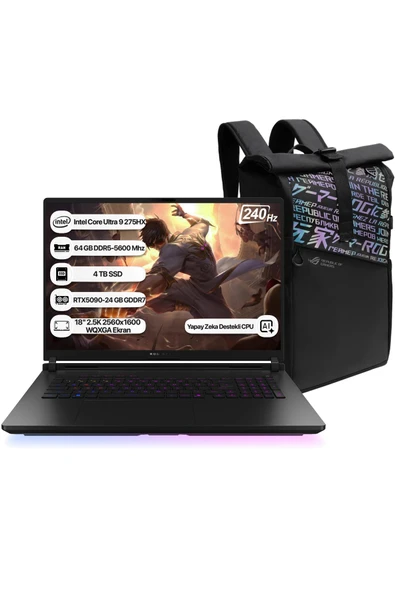 Asus Rog Strix Scar 18 G835LX-SA156 Intel Core Ultra 9 275HX NPU 13 TOPS 64GB 2TB+2TB SSD RTX5090-24GB Freedos 18" 2.5K 240Hz WQXGA Taşınabilir Bilgisayar