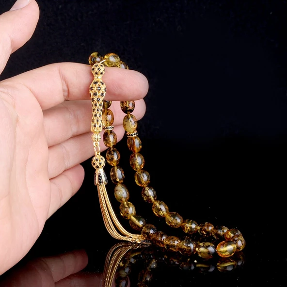 Zirkon Set Gümüş Püsküllü Çöp Fosilli Damla Kehribar Tesbih - Resim 4