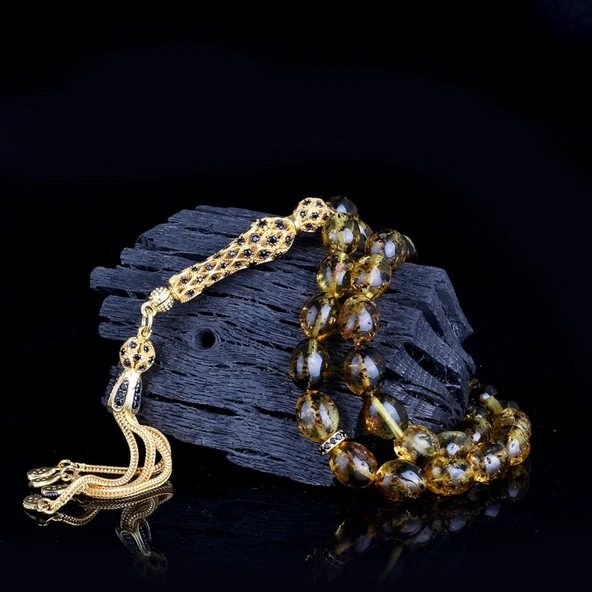 Zirkon Set Gümüş Püsküllü Çöp Fosilli Damla Kehribar Tesbih - Resim 2