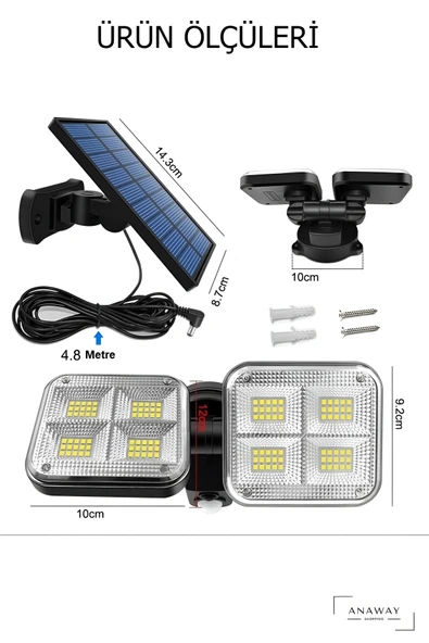 Solar lamba 120 LED dış mekan için hareket sensörlü , beyaz ışık,  120° aydınlatma açısı, dış mekan lambası, güneş enerjili dış mekan duvar lambası - 7