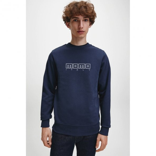 MOMO ITALY Baskılı İndigo Mavi Lacivert Erkek Örme Sweatshirt Uzun kol