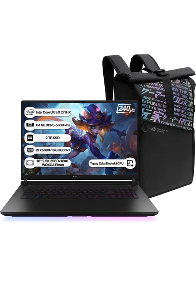 Asus Rog Strix Scar 18 G835LW-SA129 Intel Core Ultra 9 275HX NPU 13 TOPS 64GB 2TB SSD RTX5080-16GB Freedos 18" 2.5K 240Hz WQXGA Taşınabilir Bilgisayar