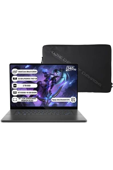Asus Rog Zephyrus G16 GU605CW-QR160 Intel Core Ultra 9 285H NPU 13 TOPS 32GB 2TB SSD RTX5080-16GB Freedos 16" 2.5K 240Hz WQXGA Taşınabilir Bilgisayar