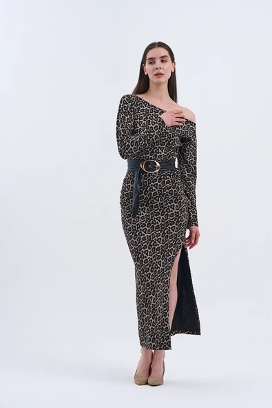 Trend Kadın Yeni Elbise Modelimiz: Leopar Desenli Uzun Kollu Elbise - 8