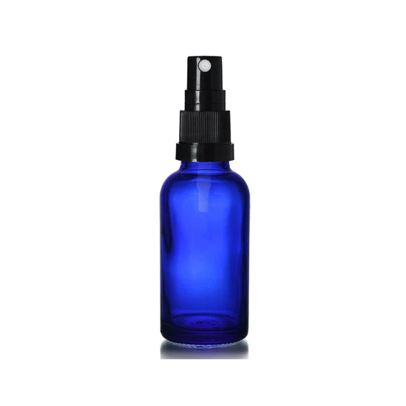 50ml mavi cam, siyah sprey başlıklı şişe, 24 adet, cam şişe, sprey şişesi, ecza şişesi, dropper şişe, medikal şişe