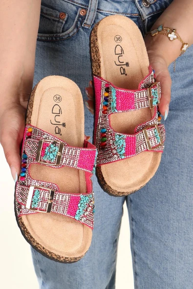 Fort GJ Alyona Anatomik Bonçuk Taş Detaylı İki Tokalı Kadın Terlik - Resim 2