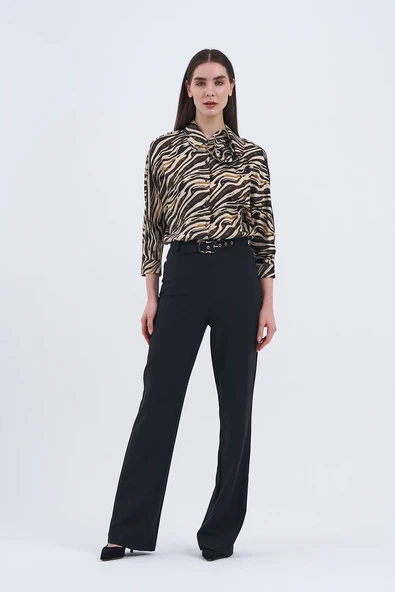Trend Kadın Yeni İkili Takım Siyah Pantolon ve Zebra Desenli Bluz - 6