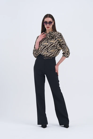 Trend Kadın Yeni İkili Takım Siyah Pantolon ve Zebra Desenli Bluz - 2