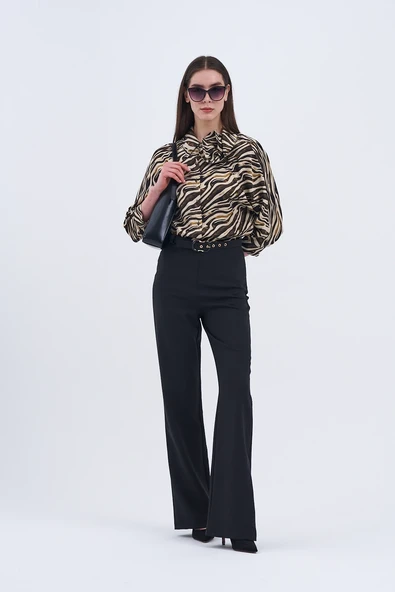 Trend Kadın Yeni İkili Takım Siyah Pantolon ve Zebra Desenli Bluz - 5