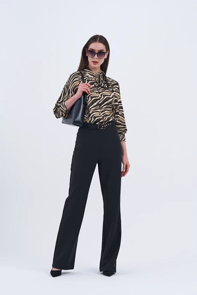 Trend Kadın Yeni İkili Takım Siyah Pantolon ve Zebra Desenli Bluz - 8