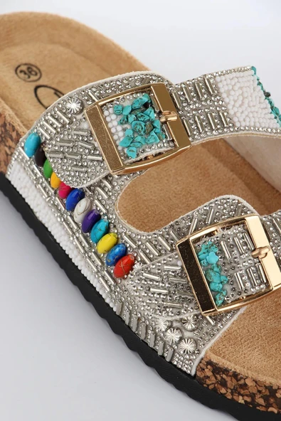 Fort GJ Alyona Anatomik Bonçuk Taş Detaylı İki Tokalı Kadın Terlik - Resim 11