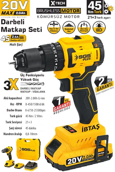 SGS5530 - 20 Volt 2 Amper 45 Nm Tork Akülü Şarjlı Darbeli Matkap Vidalama Seti Çift Akülü Kömürsüz Motor - 2